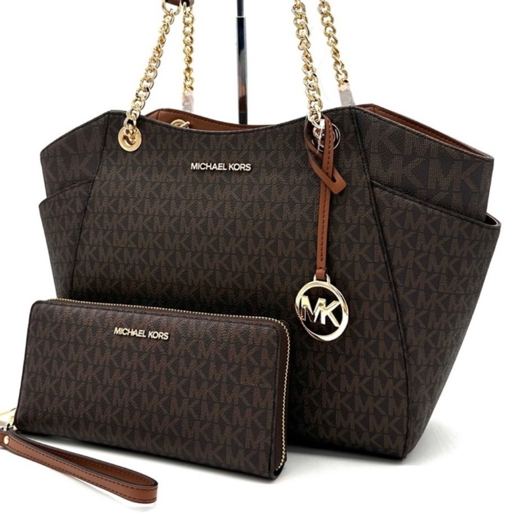 Michael Kors Large Jet Set Travel Chain Shoulder Bag & Continental Wallet Brown